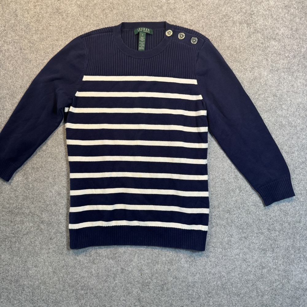 Lauren Ralph Lauren Button Shoulder Sweater S Navy White Striped Cotton‎ Blend